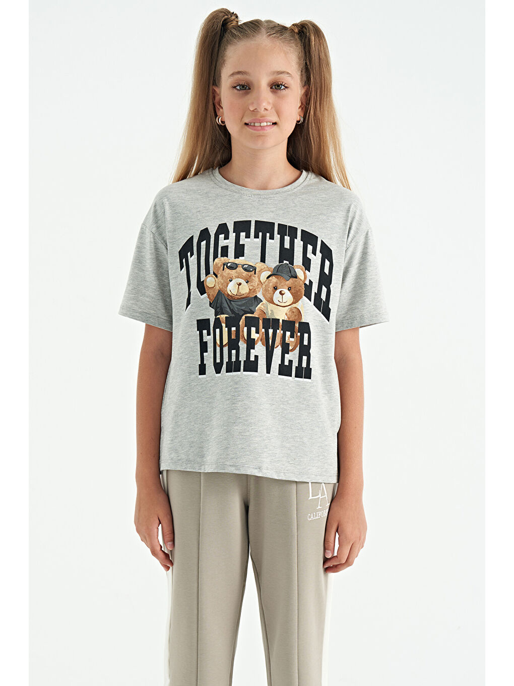 Gri Melanj Ayıcık Baskılı O Yaka Oversize Kısa Kol Kız Çocuk Tişört - 75116