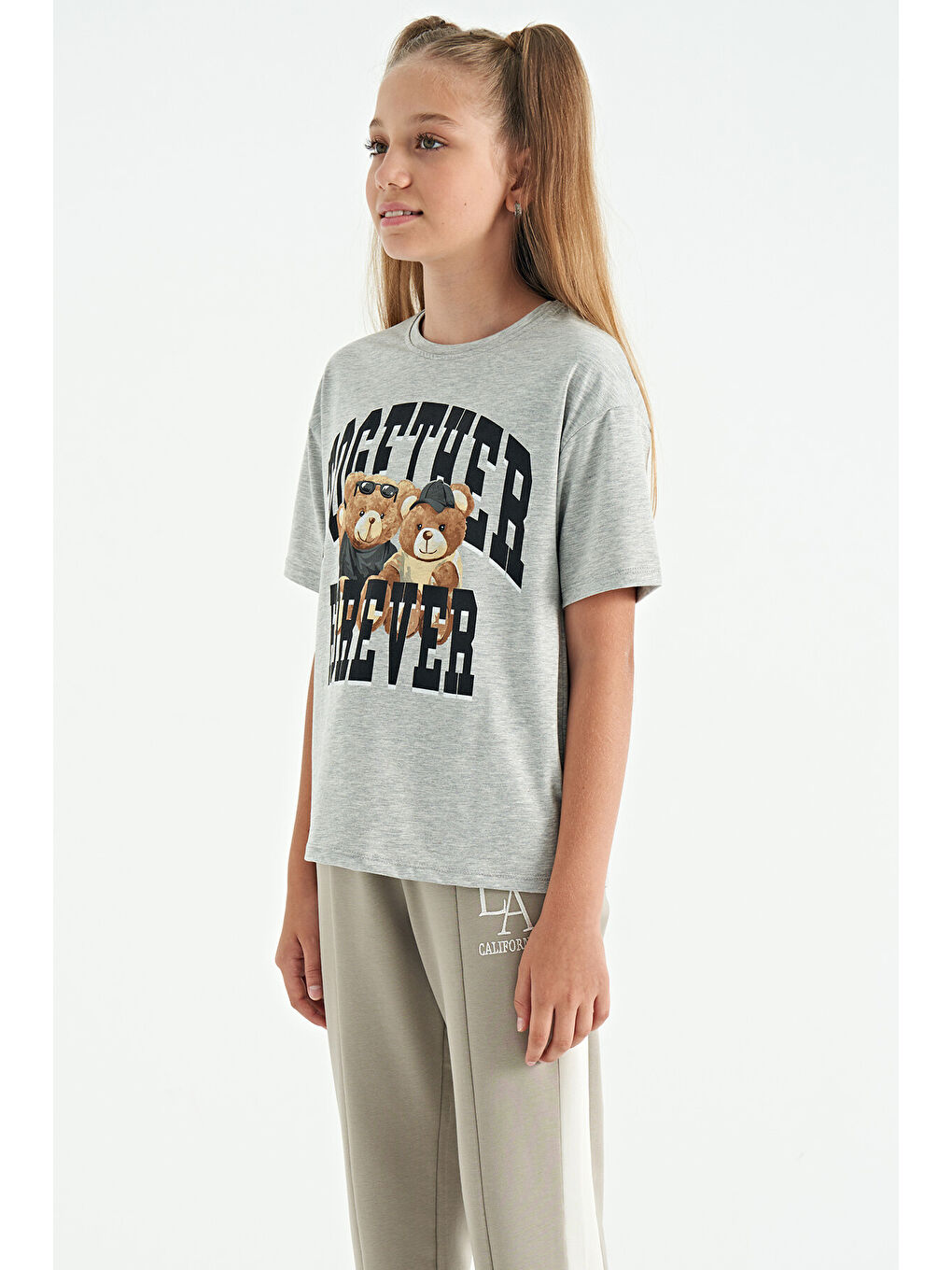 Gri Melanj Ayıcık Baskılı O Yaka Oversize Kısa Kol Kız Çocuk Tişört - 75116-2