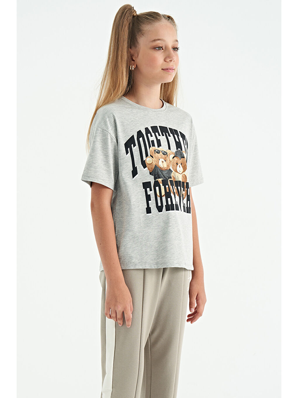 Gri Melanj Ayıcık Baskılı O Yaka Oversize Kısa Kol Kız Çocuk Tişört - 75116-4