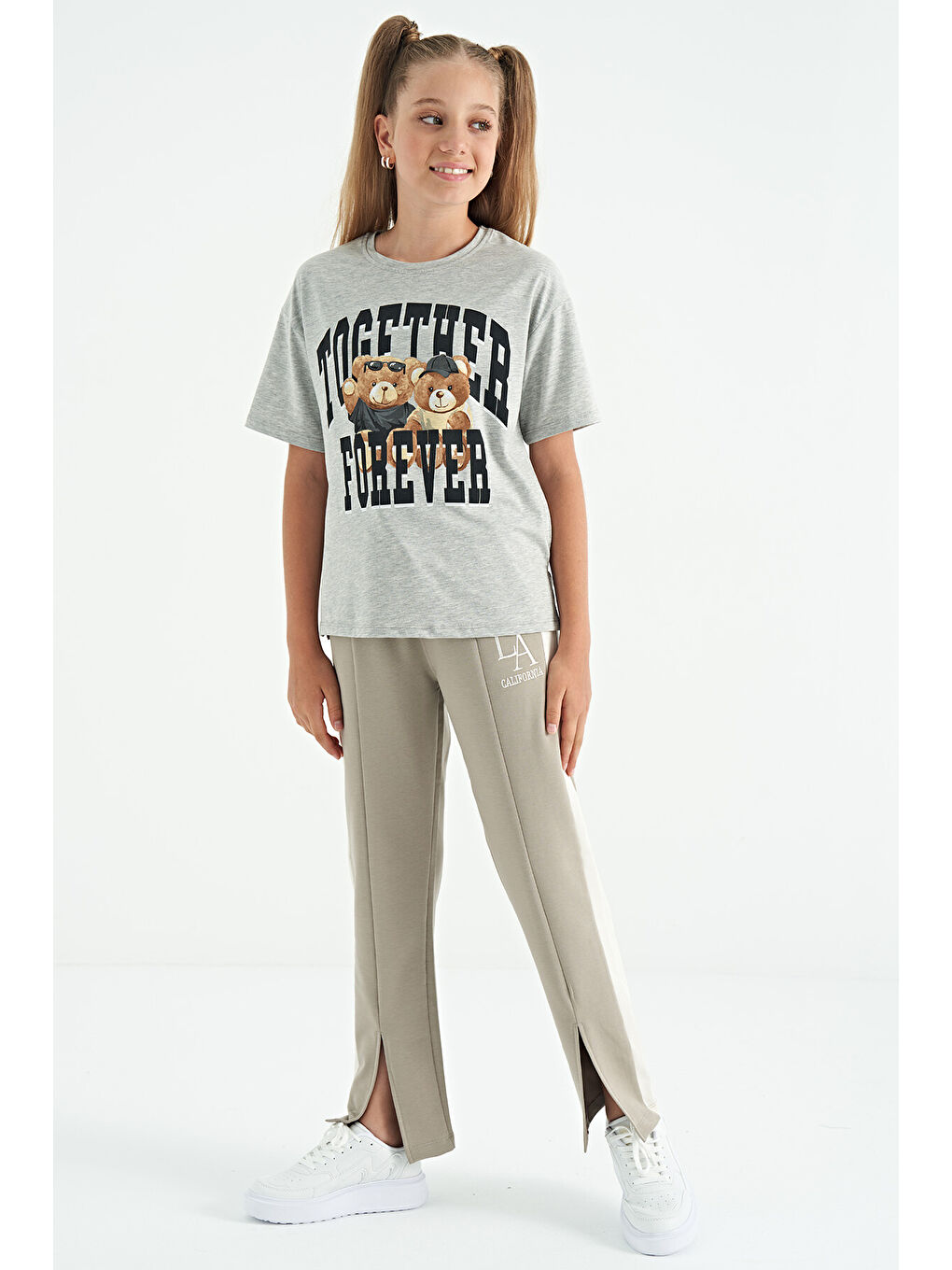 Gri Melanj Ayıcık Baskılı O Yaka Oversize Kısa Kol Kız Çocuk Tişört - 75116-6