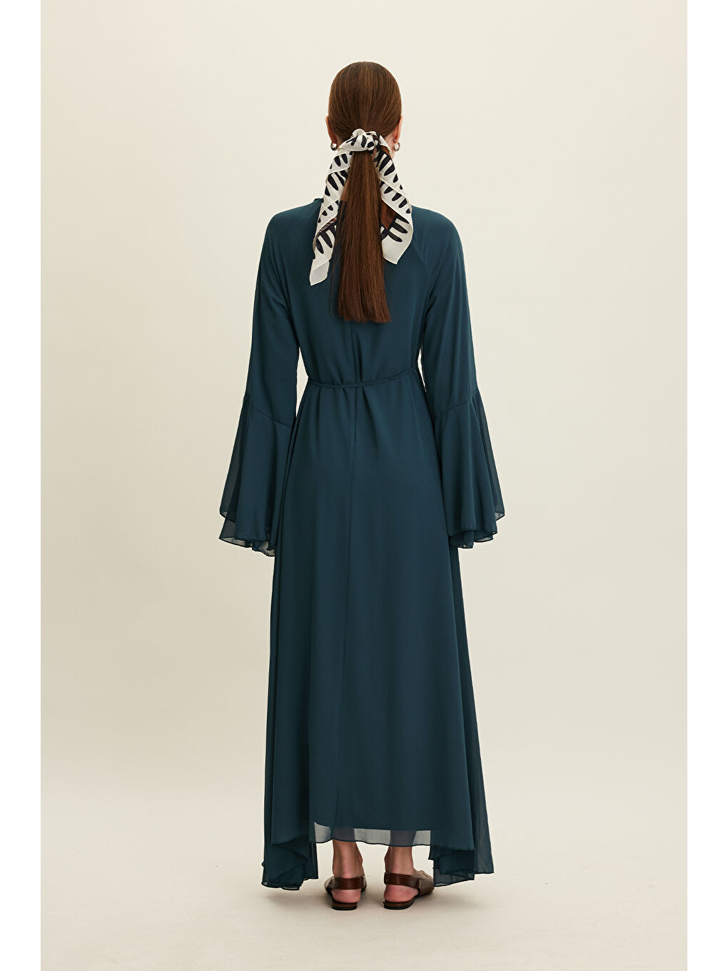 Şifon Volanlı Elbise Petrol-7