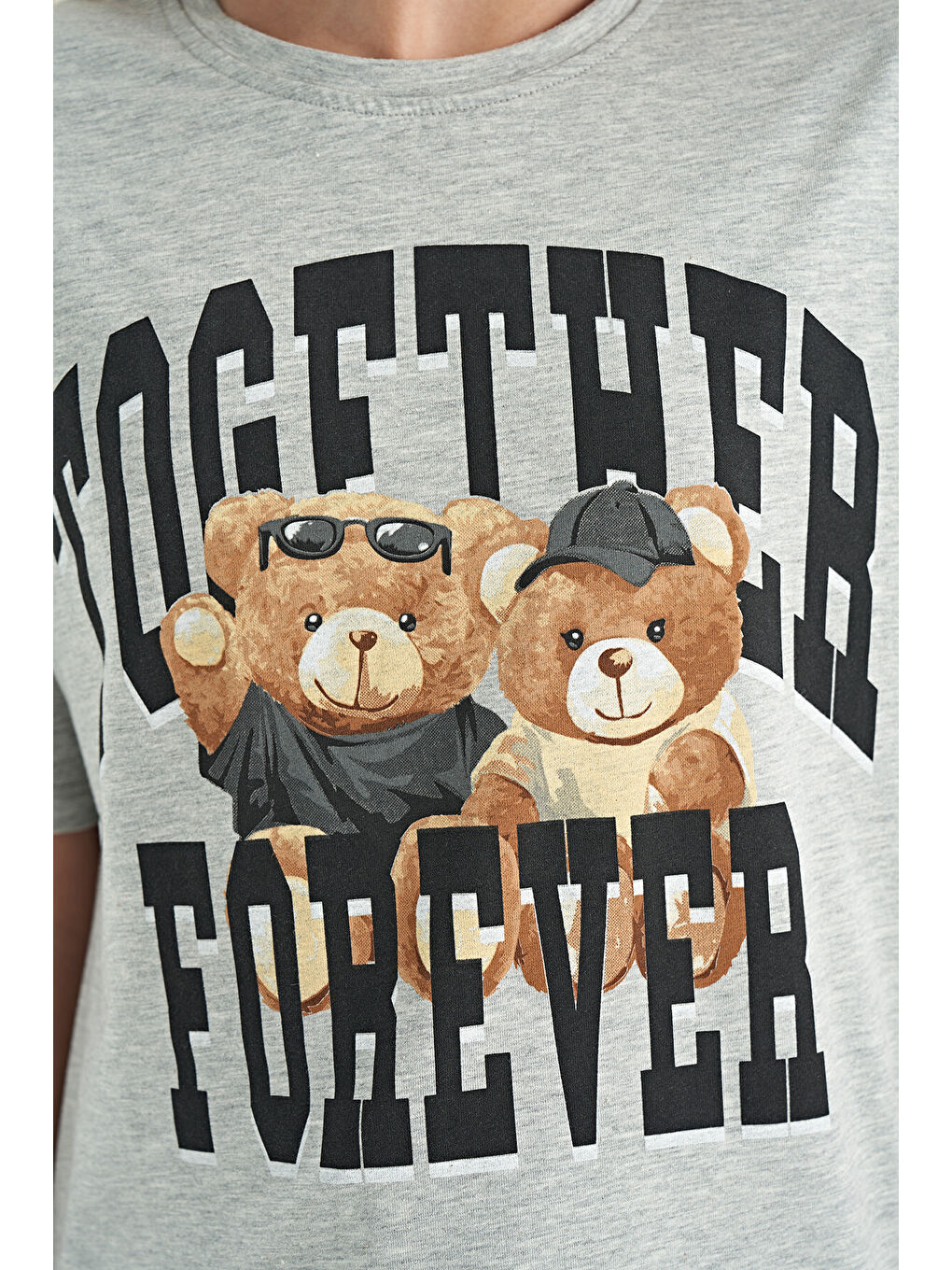 Gri Melanj Ayıcık Baskılı O Yaka Oversize Kısa Kol Kız Çocuk Tişört - 75116-8