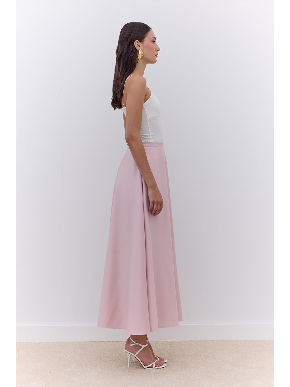 Pembe Saten Kloş Abiye Etek Pudra-1