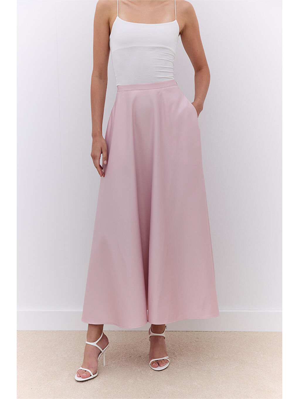 Pembe Saten Kloş Abiye Etek Pudra-2