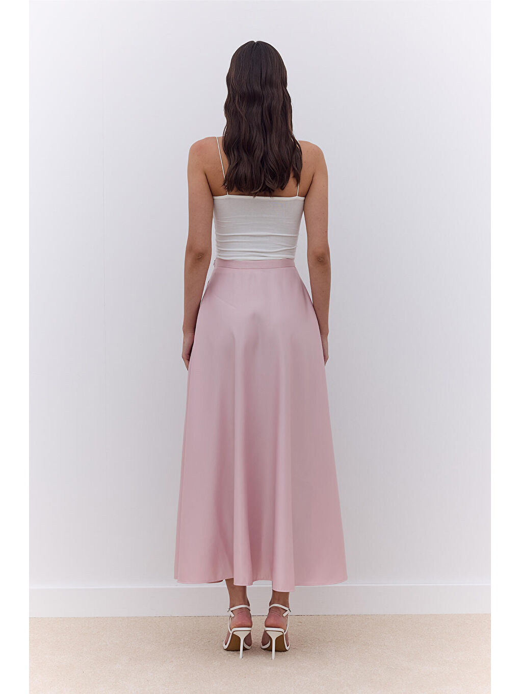 Pembe Saten Kloş Abiye Etek Pudra-3