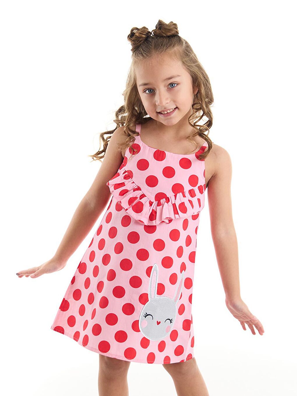 Denokids Pembe Puantiye Tavşan Kız Elbise