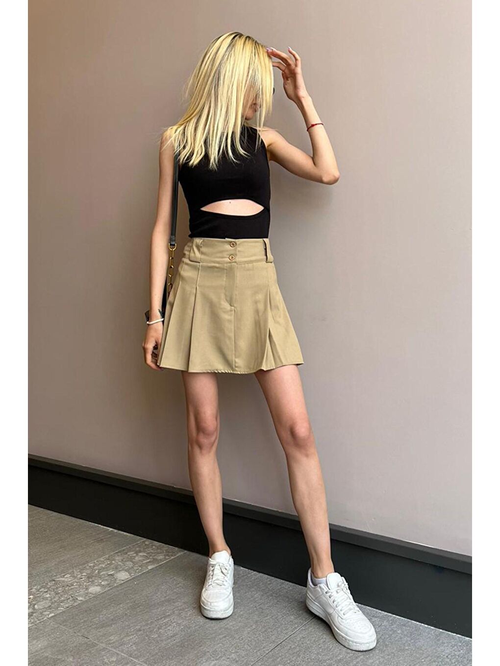 Kadın Bej Basic Pileli Mini Etek Mg1474