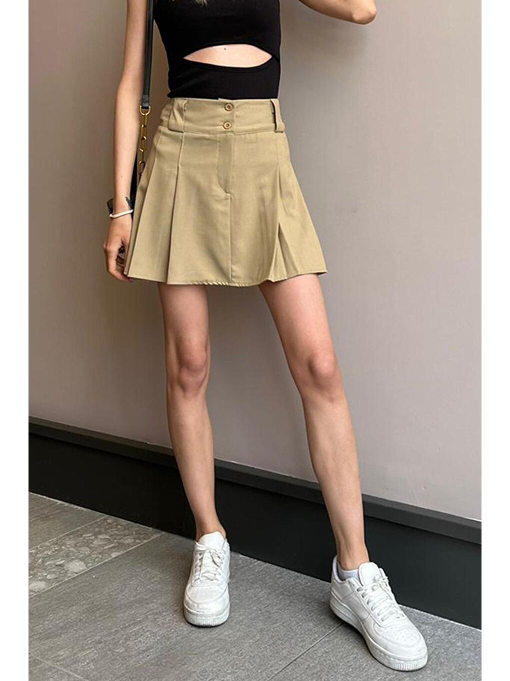 Kadın Bej Basic Pileli Mini Etek Mg1474-1