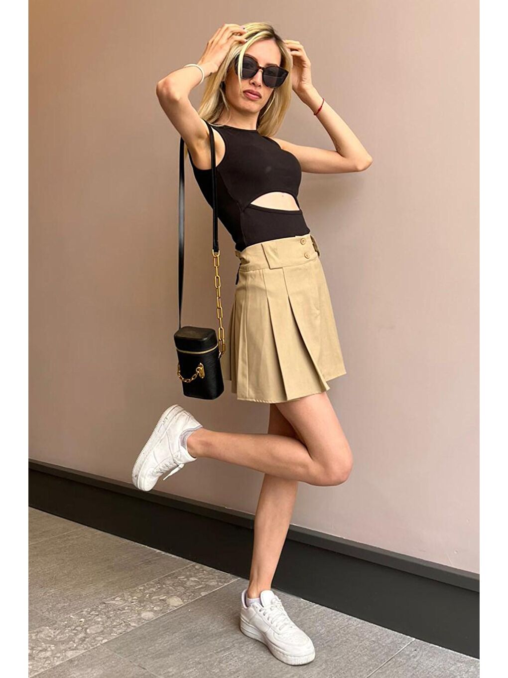 Kadın Bej Basic Pileli Mini Etek Mg1474-2