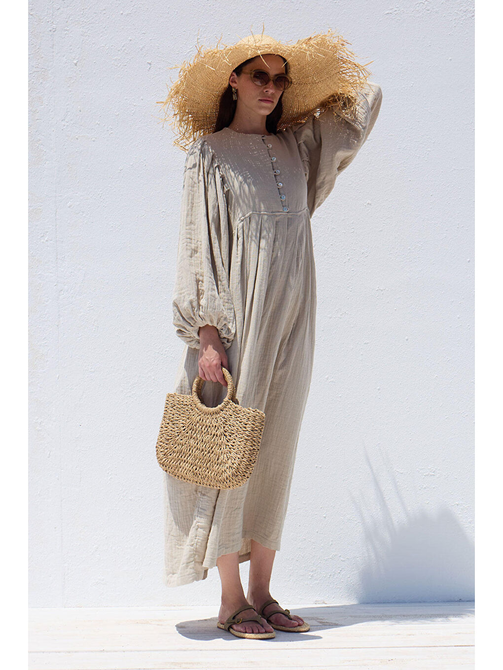 Bej Pile Detaylı Müslin Elbise Kum-2