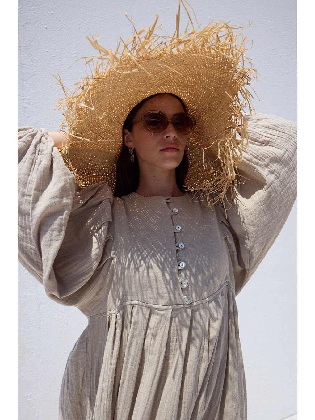 Bej Pile Detaylı Müslin Elbise Kum-4