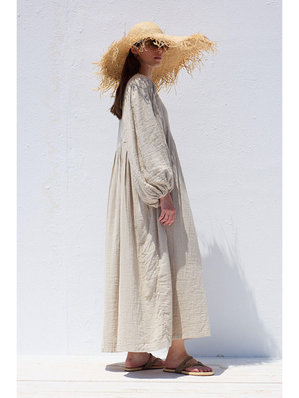 Bej Pile Detaylı Müslin Elbise Kum-6