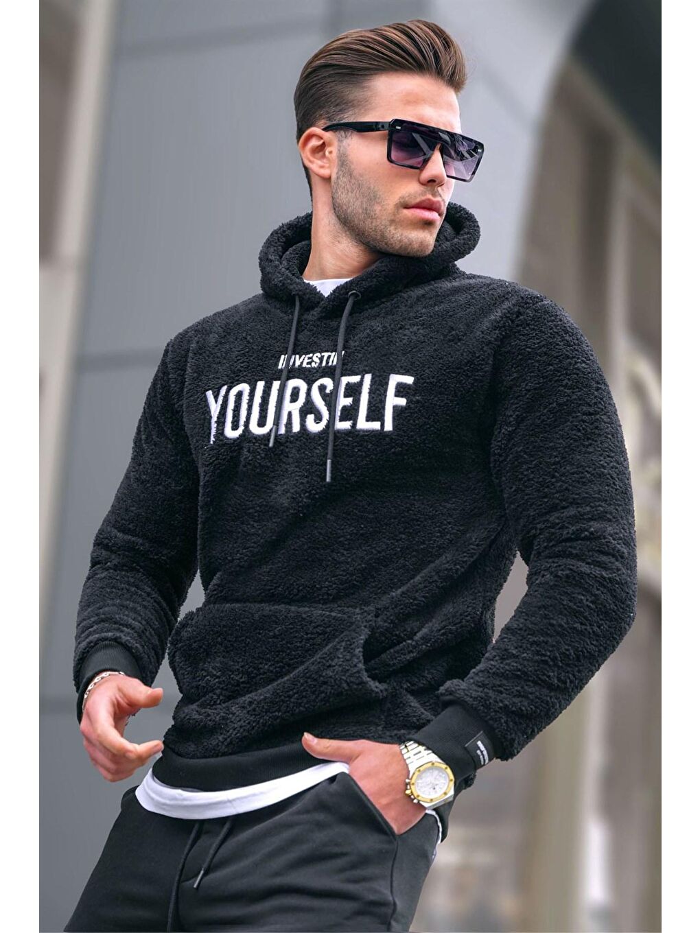 Madmext Siyah kapüşonlu Peluş Sweatshirt Siyah 4390