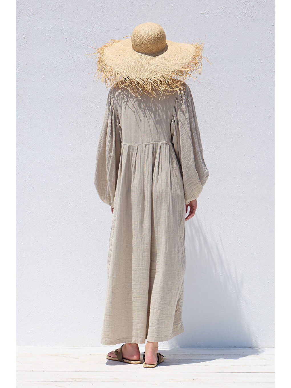 Bej Pile Detaylı Müslin Elbise Kum-7