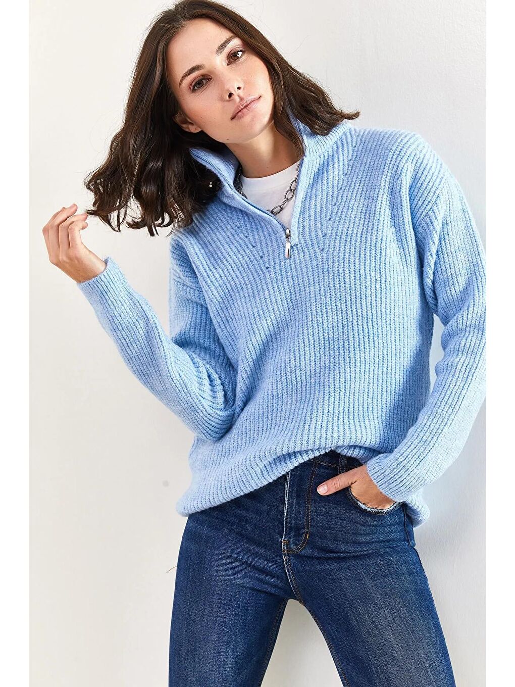 Mavi Kadın Fermuarlı Balıkçı Yaka Oversize Triko Kazak-2