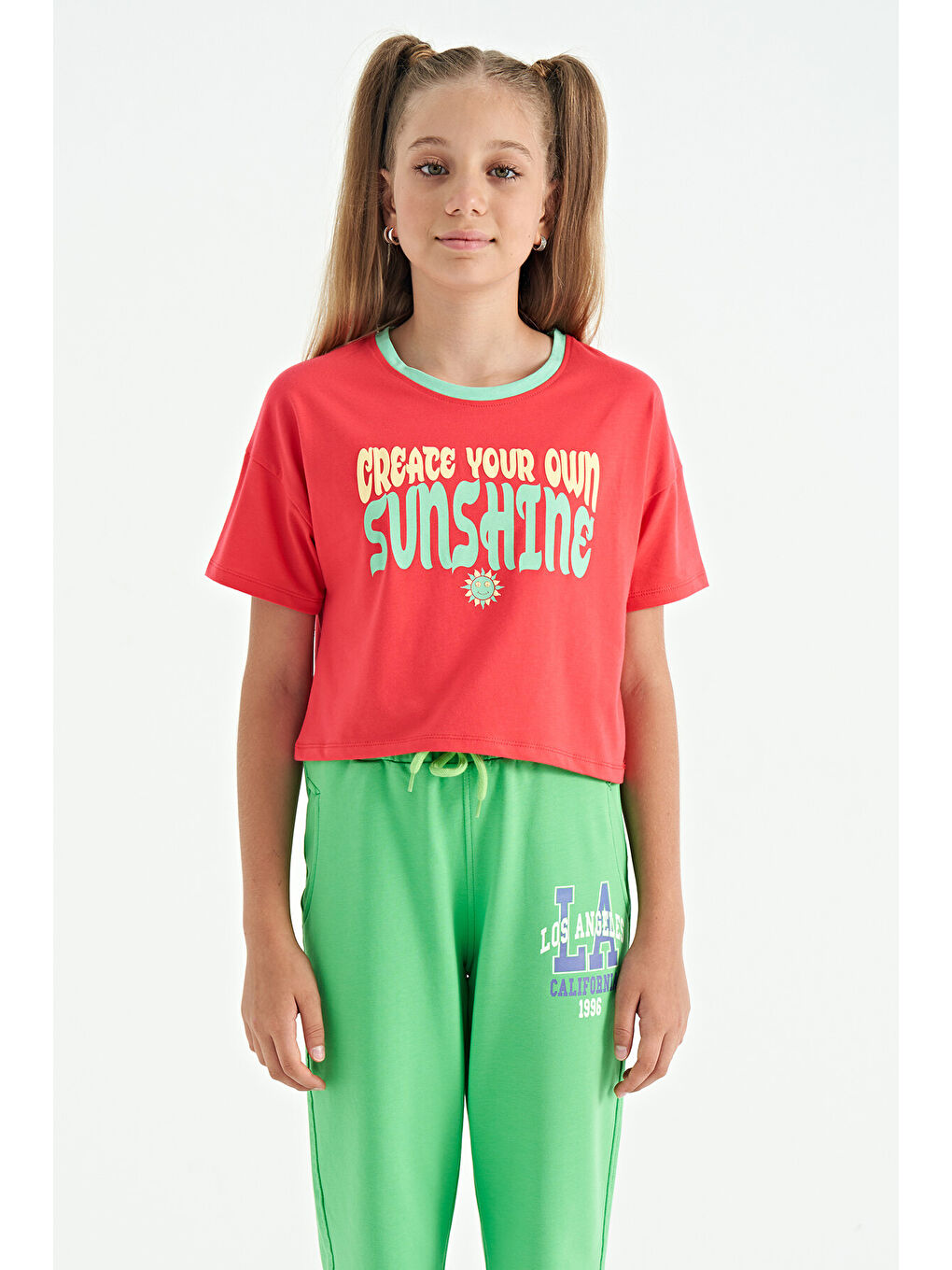 Pembe Rose Renkli Yazı Baskılı O Yaka Oversize  Kısa Kollu Kız Çocuk Tişört - 75111