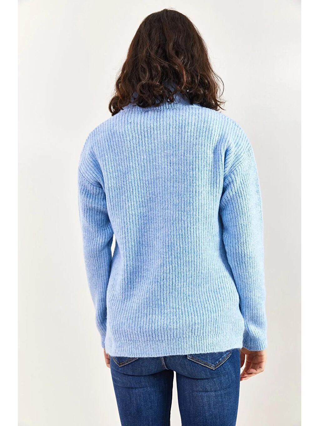 Mavi Kadın Fermuarlı Balıkçı Yaka Oversize Triko Kazak-3