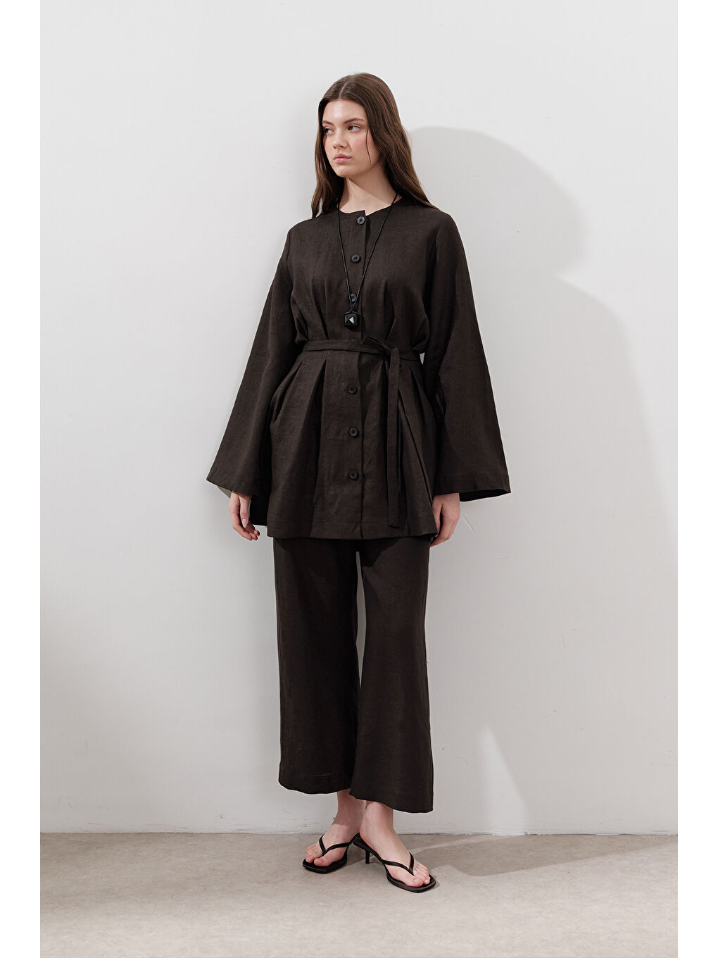 Kahverengi Keten Geniş Paça Pantolon Acı Kahve-1