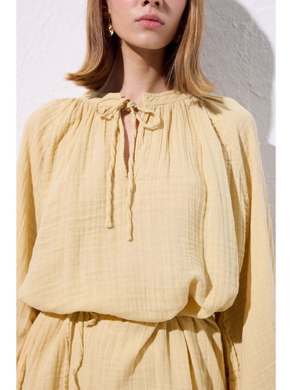 Müslin Bağlamalı Bluz Sarı-1