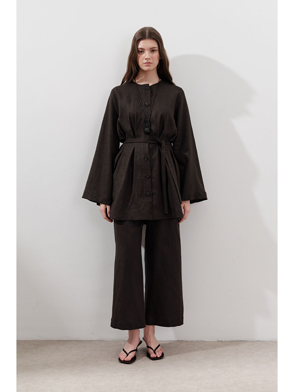 Kahverengi Keten Geniş Paça Pantolon Acı Kahve-2