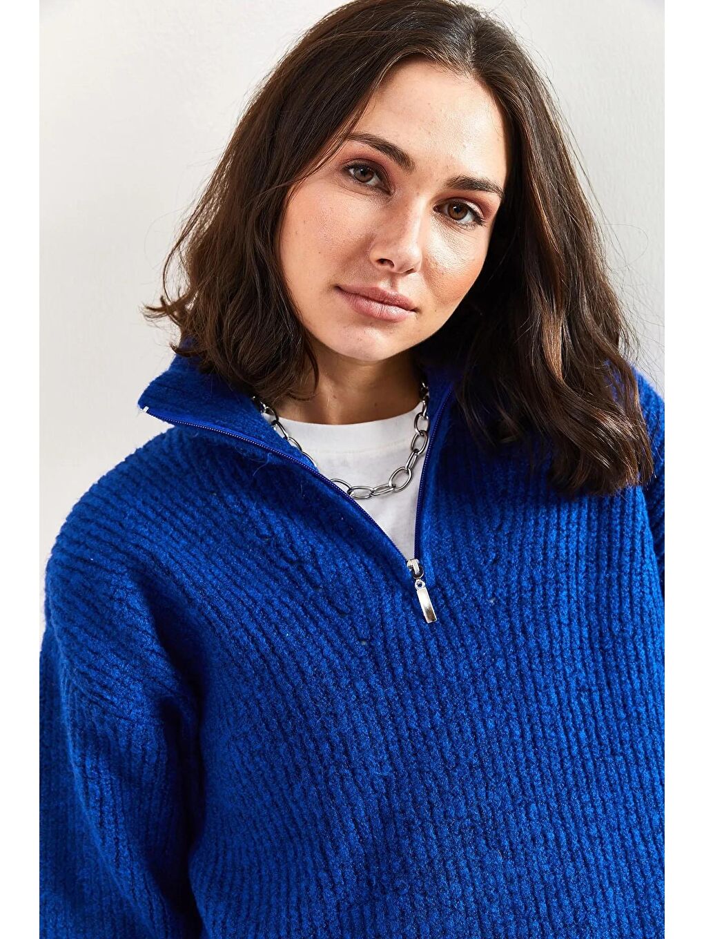 Lacivert Kadın Fermuarlı Balıkçı Yaka Oversize Triko Kazak