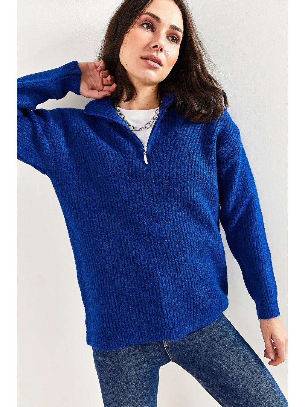 Lacivert Kadın Fermuarlı Balıkçı Yaka Oversize Triko Kazak-1