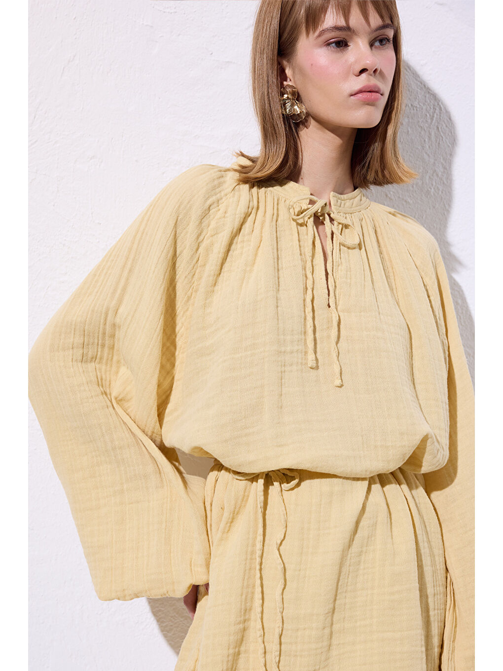 Müslin Bağlamalı Bluz Sarı-2