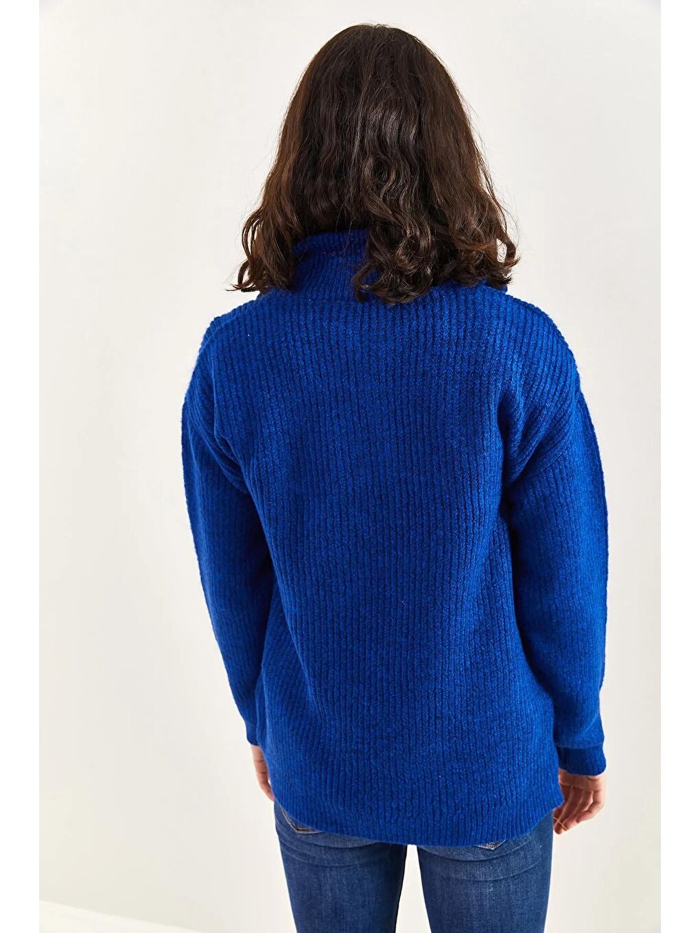 Lacivert Kadın Fermuarlı Balıkçı Yaka Oversize Triko Kazak-3