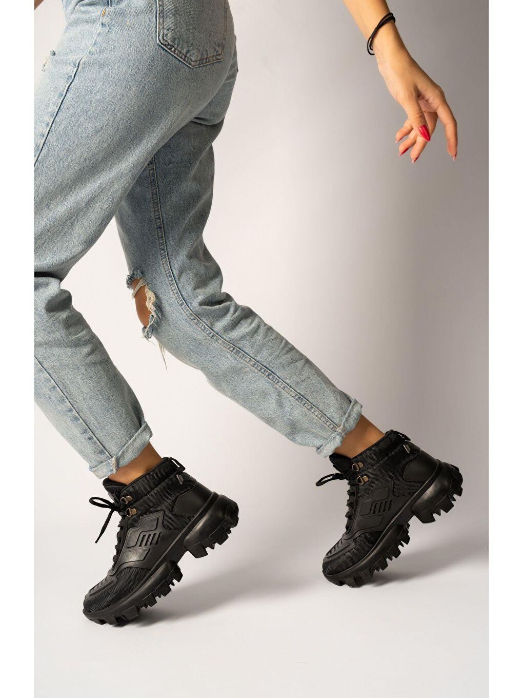 Siyah TİNA Kadın Kalın Tabanlı Bağcıklı Sneakers Spor Bot-3