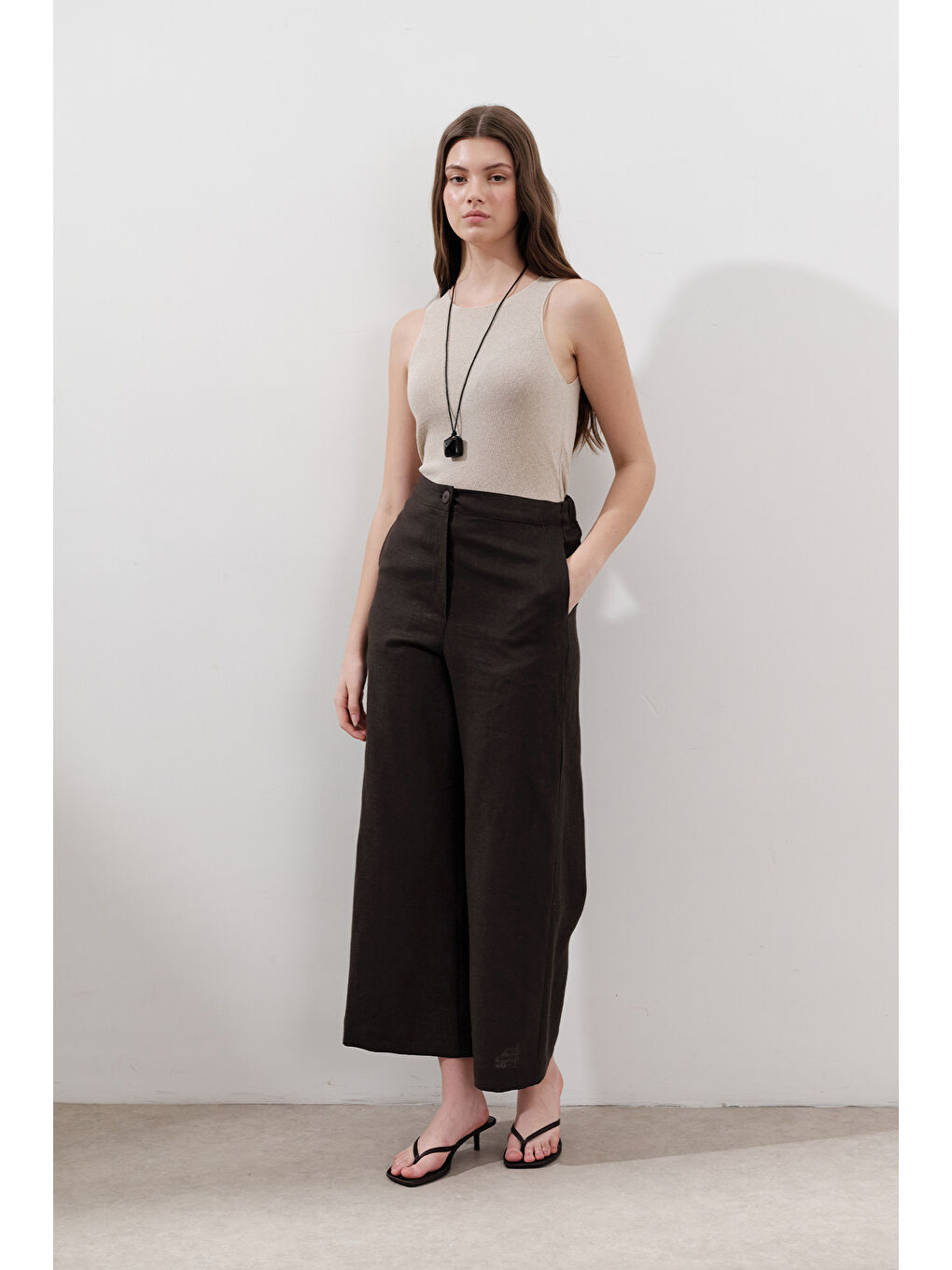 Kahverengi Keten Geniş Paça Pantolon Acı Kahve-4