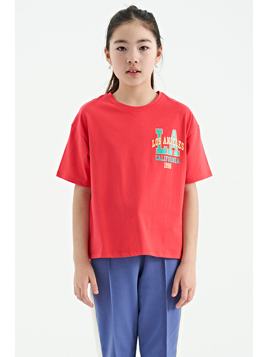 Pembe Rose Ön Arka Baskılı O Yaka Oversize Kısa Kollu Kız Çocuk Tişört - 75127