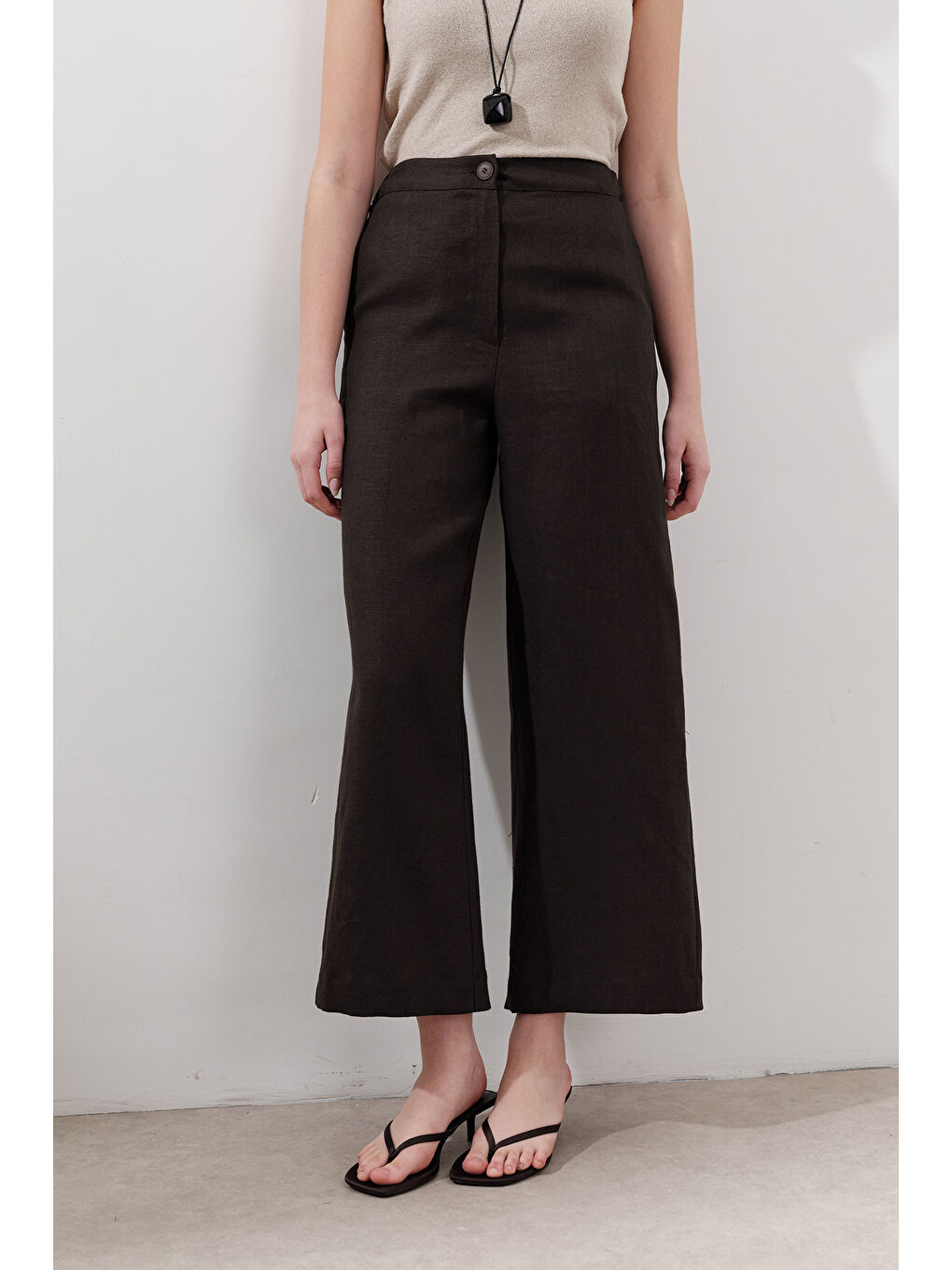 Kahverengi Keten Geniş Paça Pantolon Acı Kahve-5