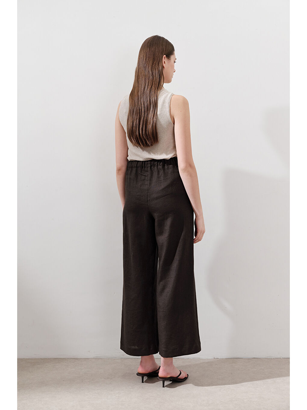Kahverengi Keten Geniş Paça Pantolon Acı Kahve-6