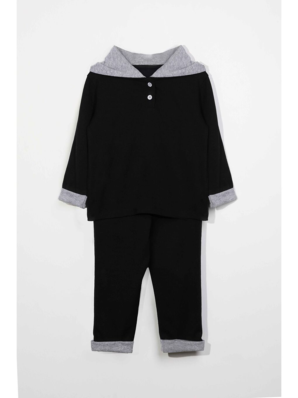 Erkek Çocuk Kapüşonlu Düğme Detaylı Mevsimlik Alt Üst Takım   Siyah  3 4 Yaş 8 9 Yaş
