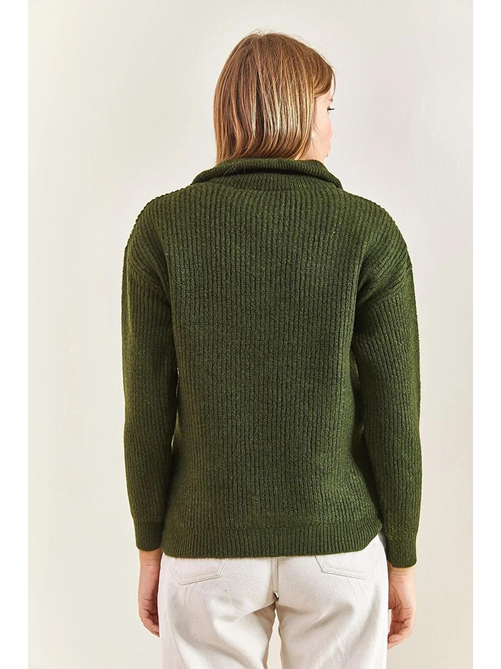 Haki Kadın Fermuarlı Balıkçı Yaka Oversize Triko Kazak-3