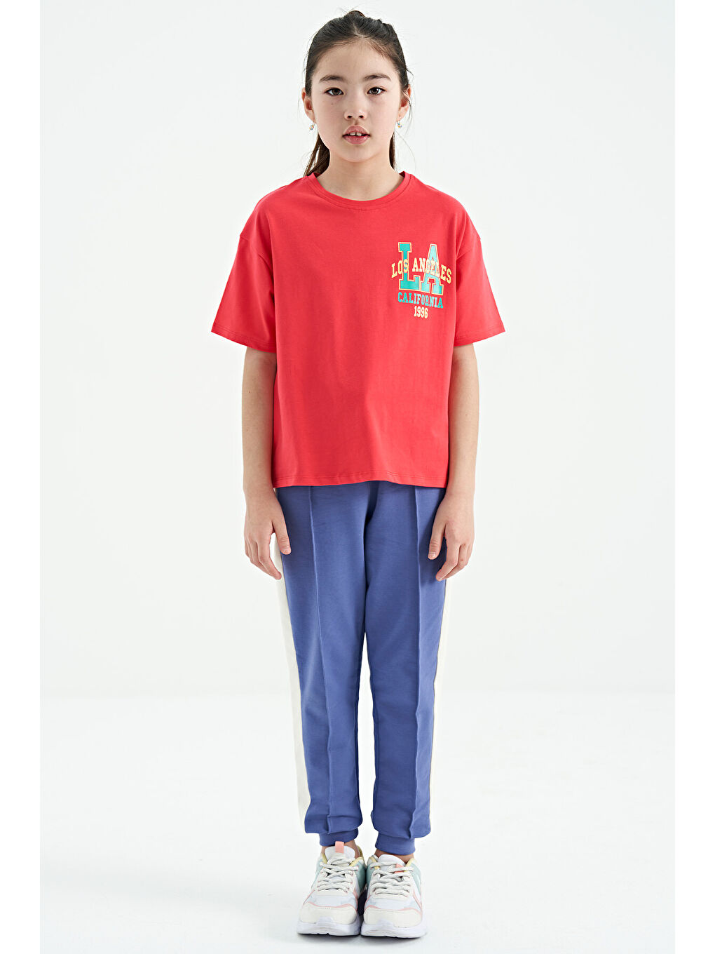 Pembe Rose Ön Arka Baskılı O Yaka Oversize Kısa Kollu Kız Çocuk Tişört - 75127-2