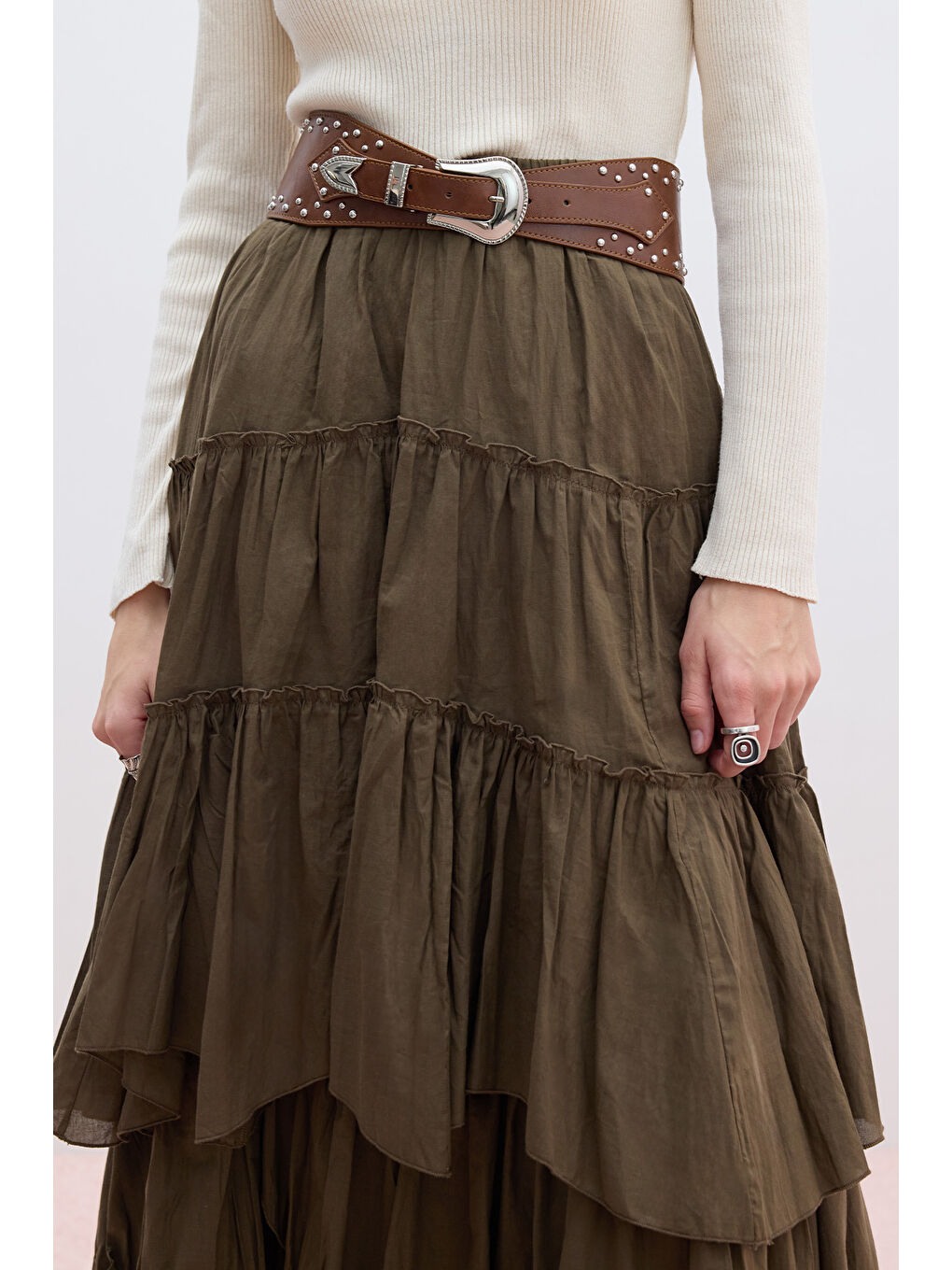 Katlı Boho Vual Etek Haki-3