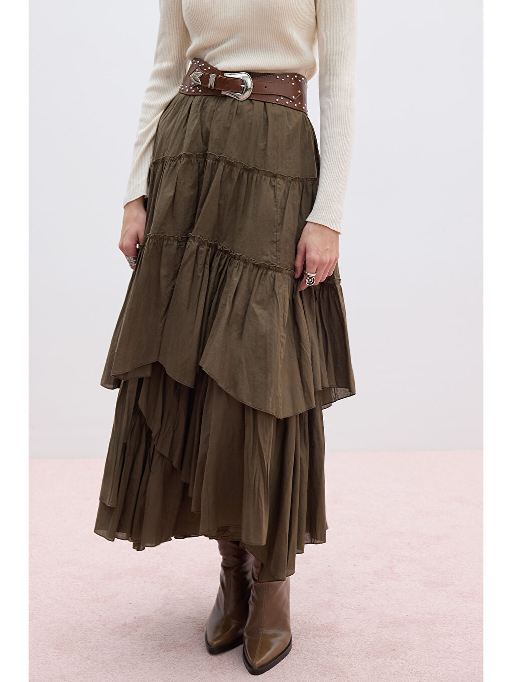 Katlı Boho Vual Etek Haki-4