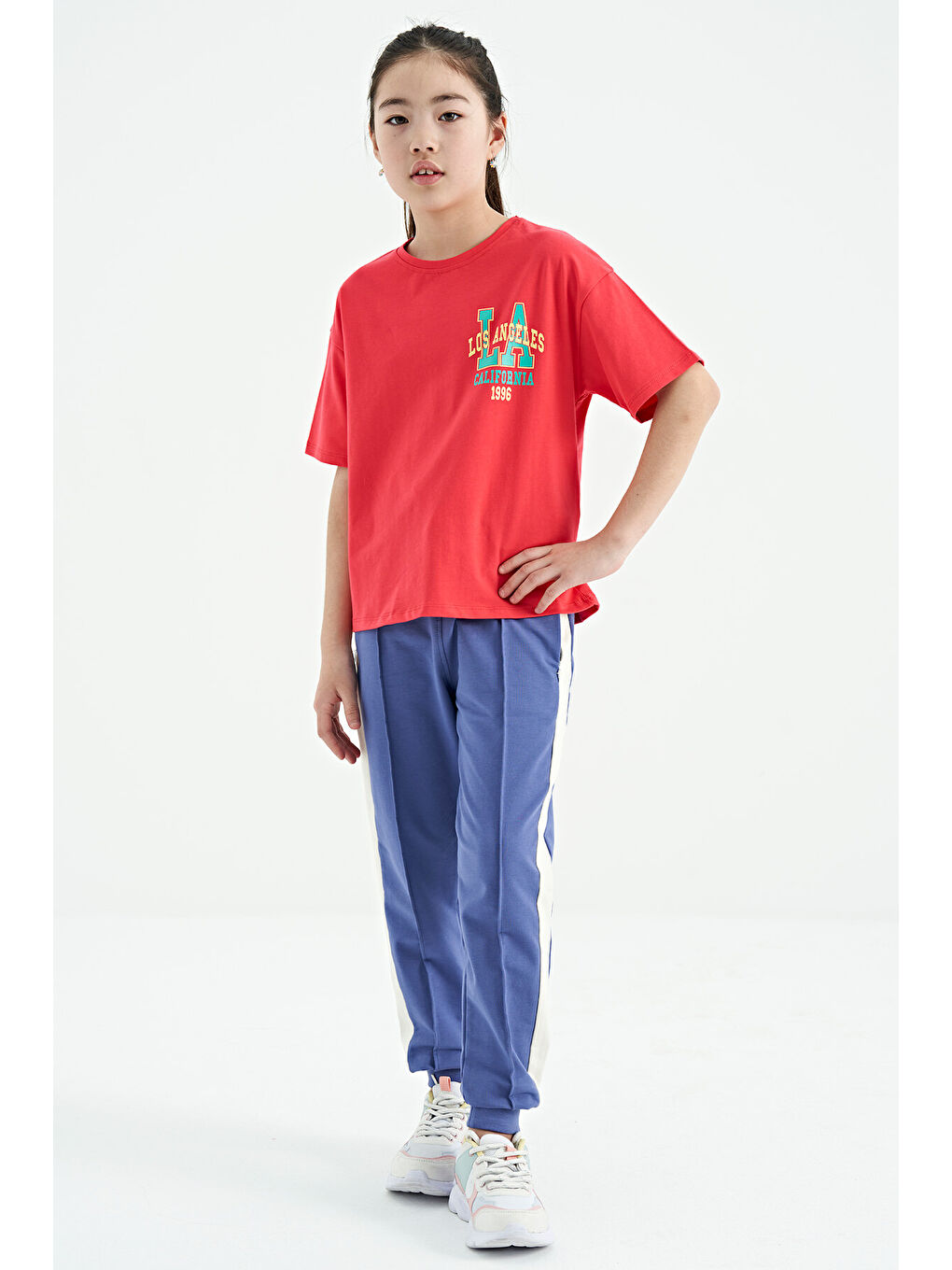 Pembe Rose Ön Arka Baskılı O Yaka Oversize Kısa Kollu Kız Çocuk Tişört - 75127-6