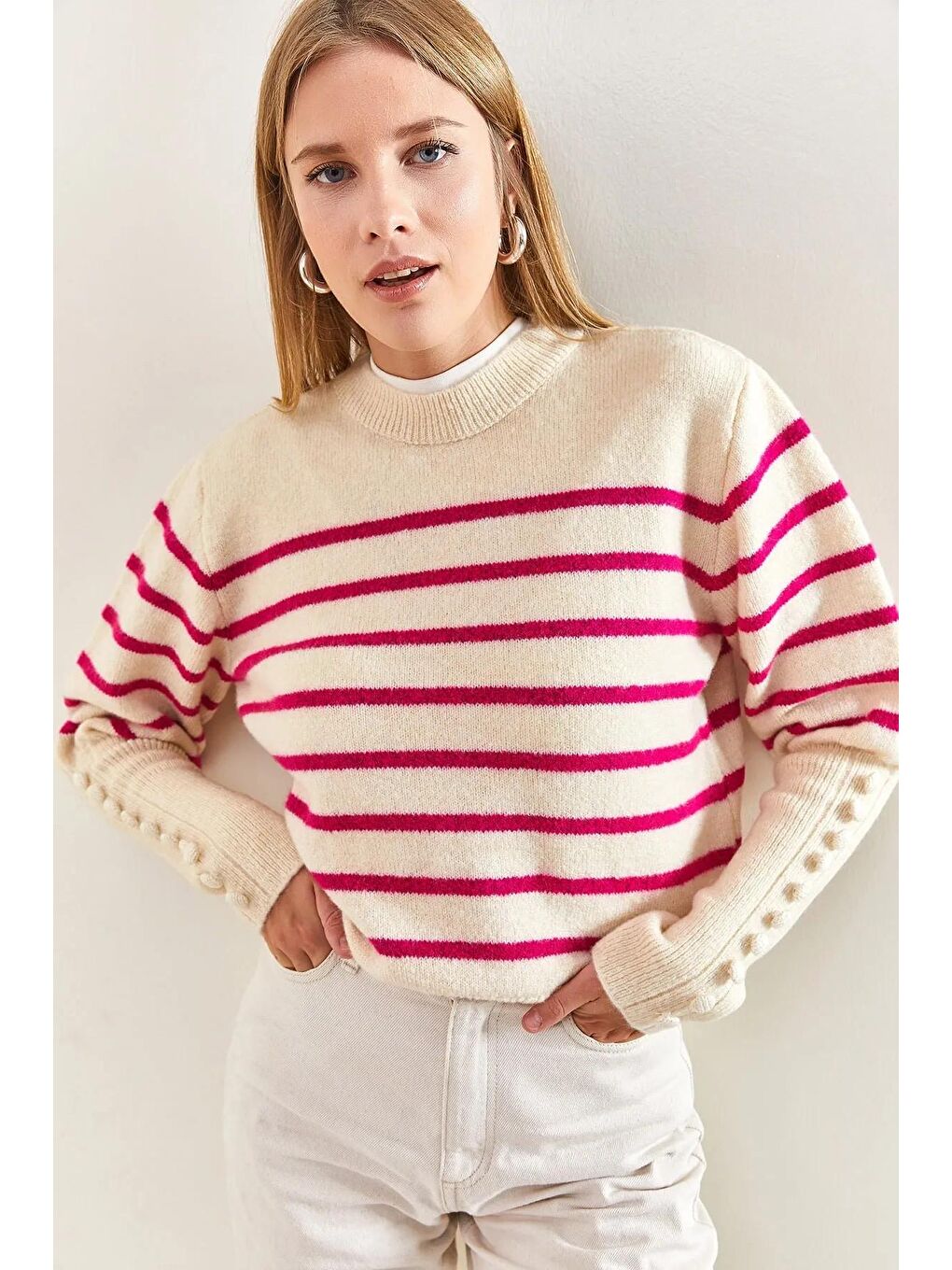 Beyaz Kadın Kol Düğmeli Çizgili Triko Kazak-2