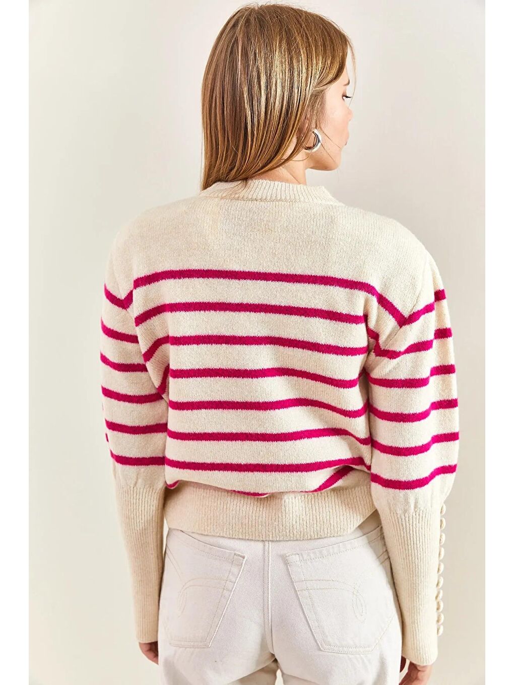 Beyaz Kadın Kol Düğmeli Çizgili Triko Kazak-3