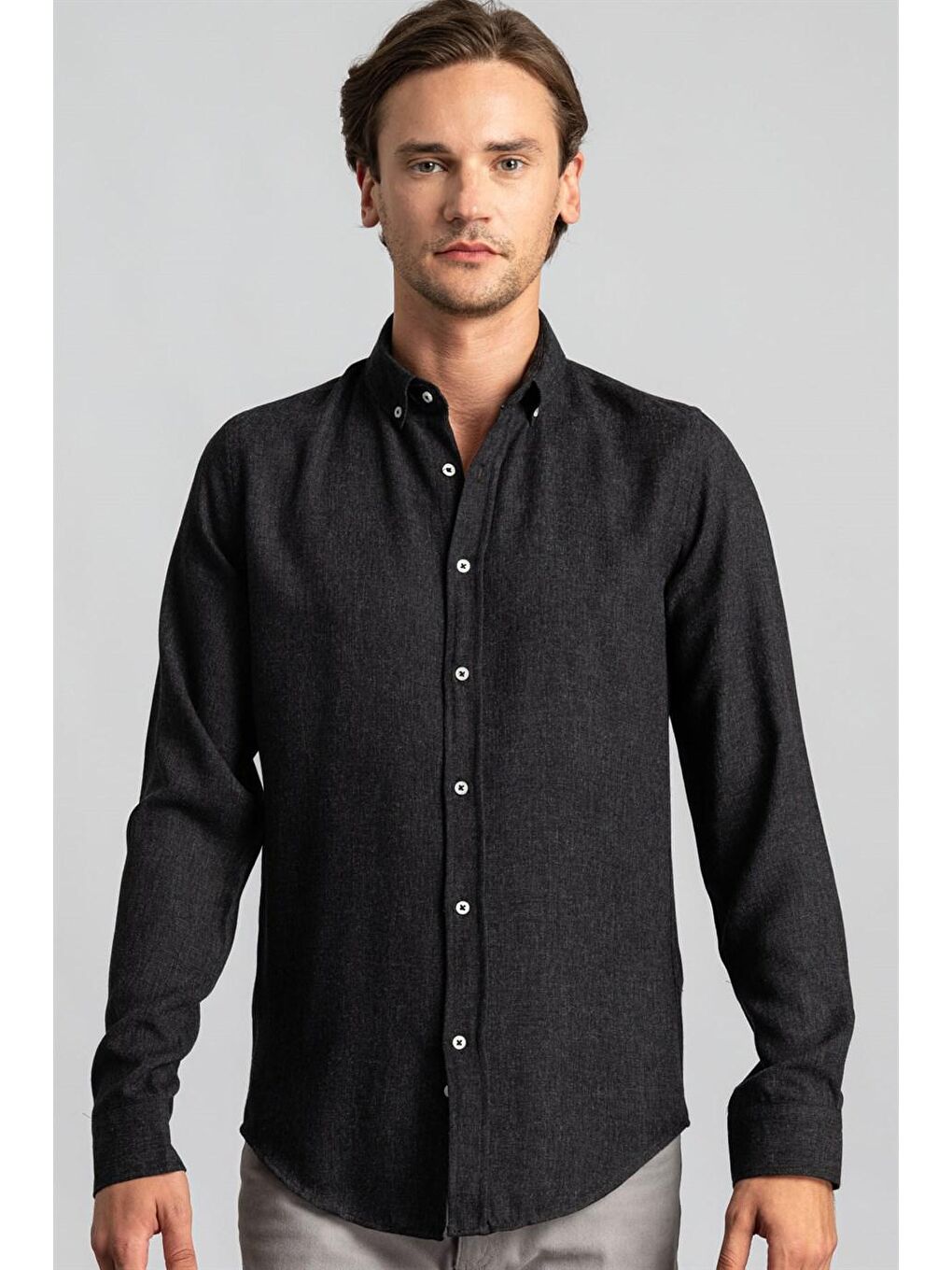 Siyah Slim Fit Düz Esnek Doku Kışlık Unisex Gömlek