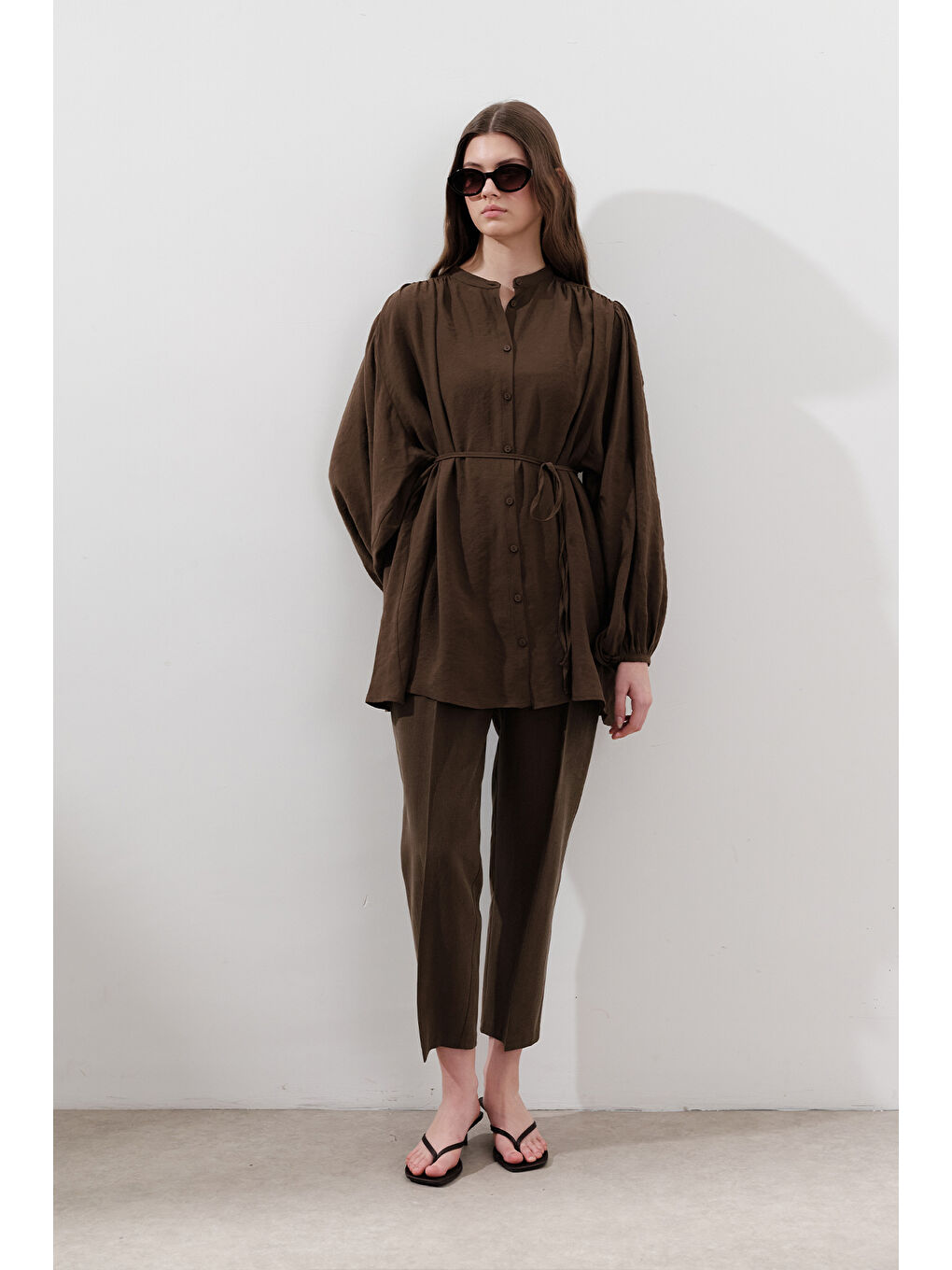 Kahverengi Lyocell Pileli Pantolon Acı Kahve-1