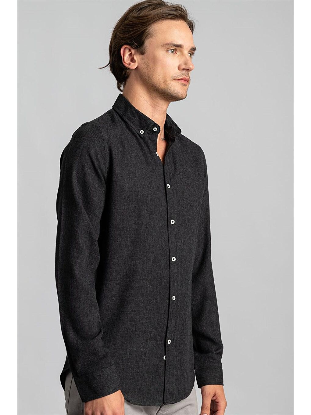 Siyah Slim Fit Düz Esnek Doku Kışlık Unisex Gömlek-1