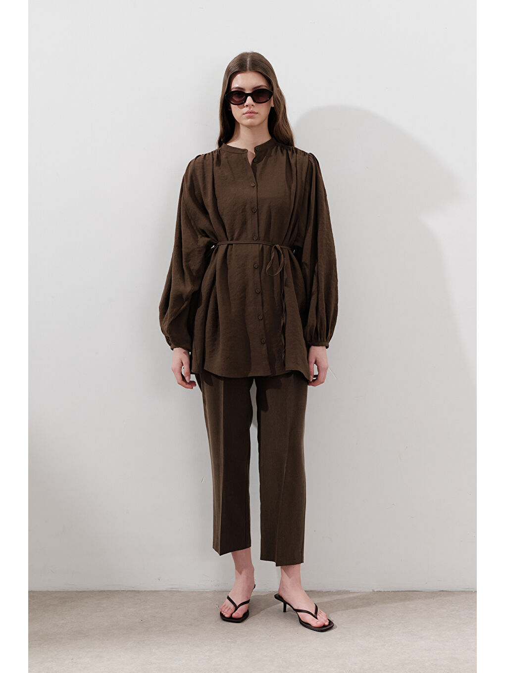 Kahverengi Lyocell Pileli Pantolon Acı Kahve-3