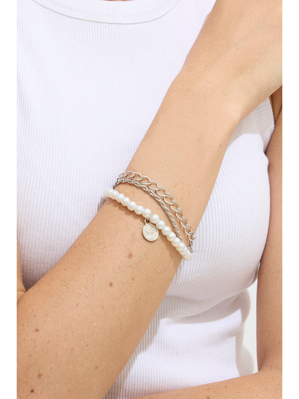 Gri İnci Zincir Bileklik Gümüş