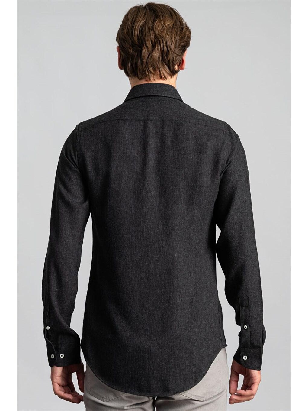 Siyah Slim Fit Düz Esnek Doku Kışlık Unisex Gömlek-3