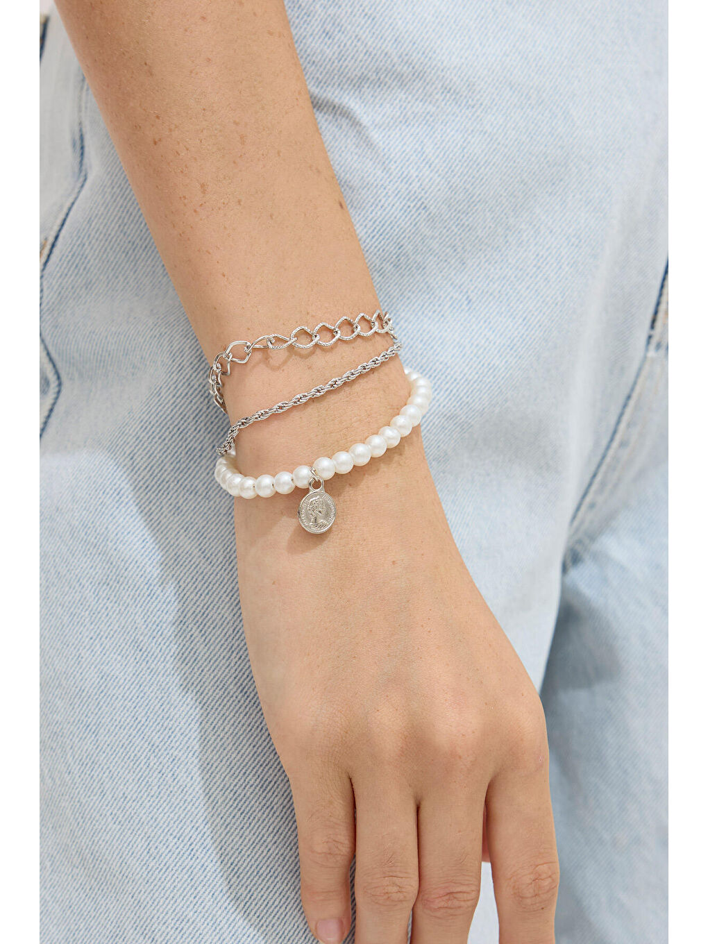 Gri İnci Zincir Bileklik Gümüş-1