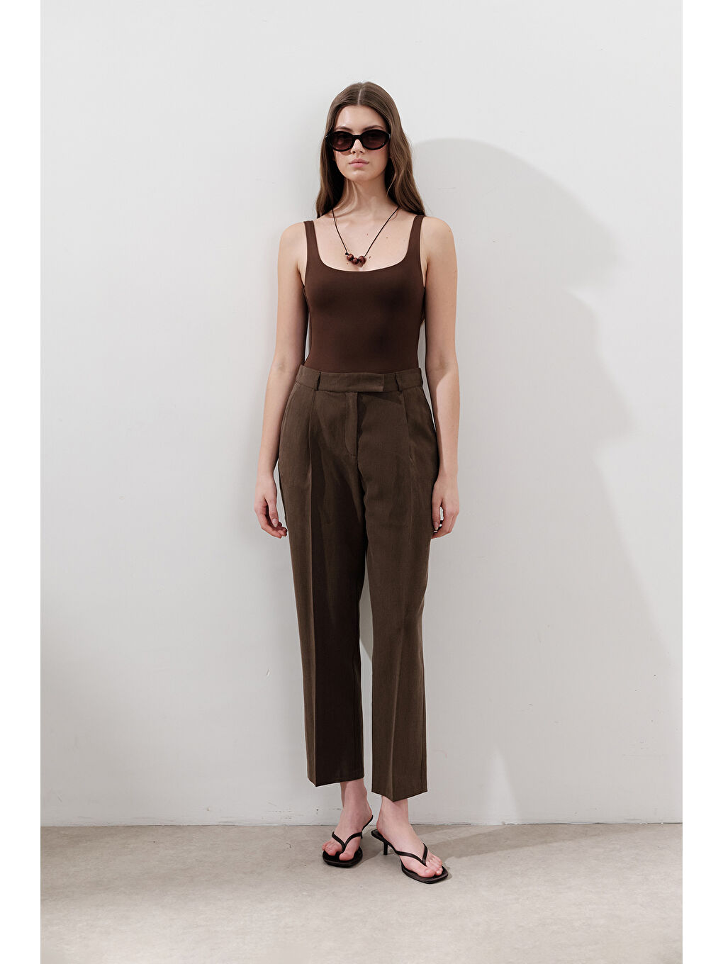 Kahverengi Lyocell Pileli Pantolon Acı Kahve-4