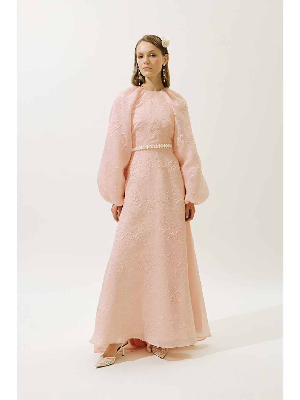 Pembe Jakar Organze Abiye Elbise Pudra